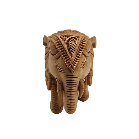 Wooden Hindu Inspired Elephant Figurine Ornate Detail 3” Tall Art Deco India - Picture 3 of 6